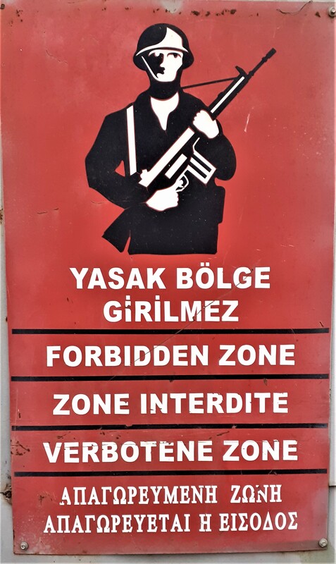 Old but current Forbidden zone sign in Five languages. Lefkosa, Nicosia, Cyprus.