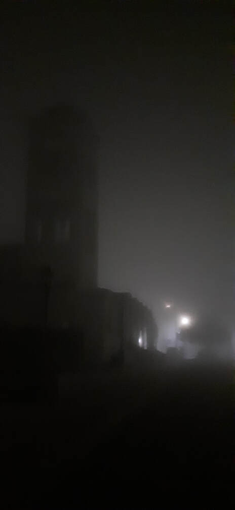 Night time fog on Ayios Stylianou Church in black and white, Strovolos, Nicosia