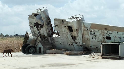 The old half wreckage of a plane near Lakatameia Airfield, Cyprus, Douglas DC6, N19CA Airplane